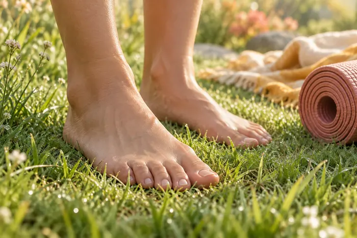 Mezítelen talpak a harmatos fűben, mellettük feltekert jógaszőnyeg